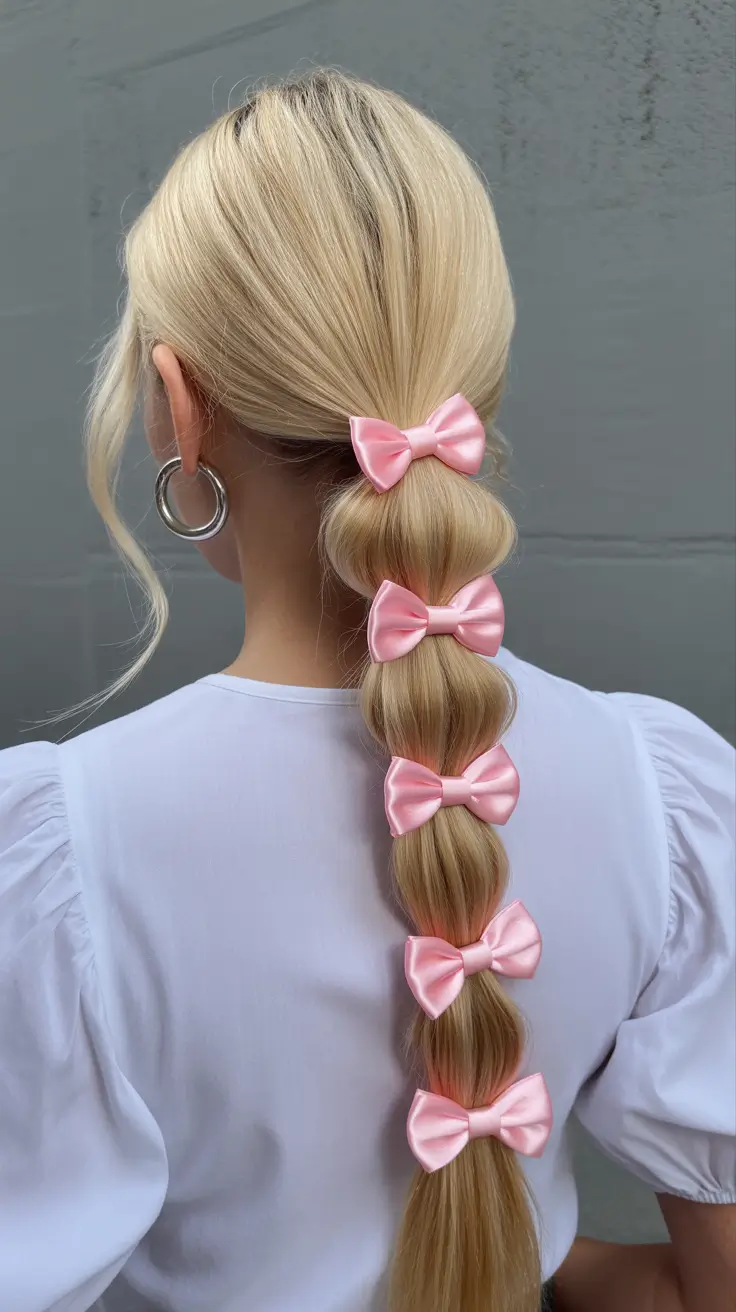 Best ponytail hairstyles 2026 Playful Bubble Pony With Pink Bows