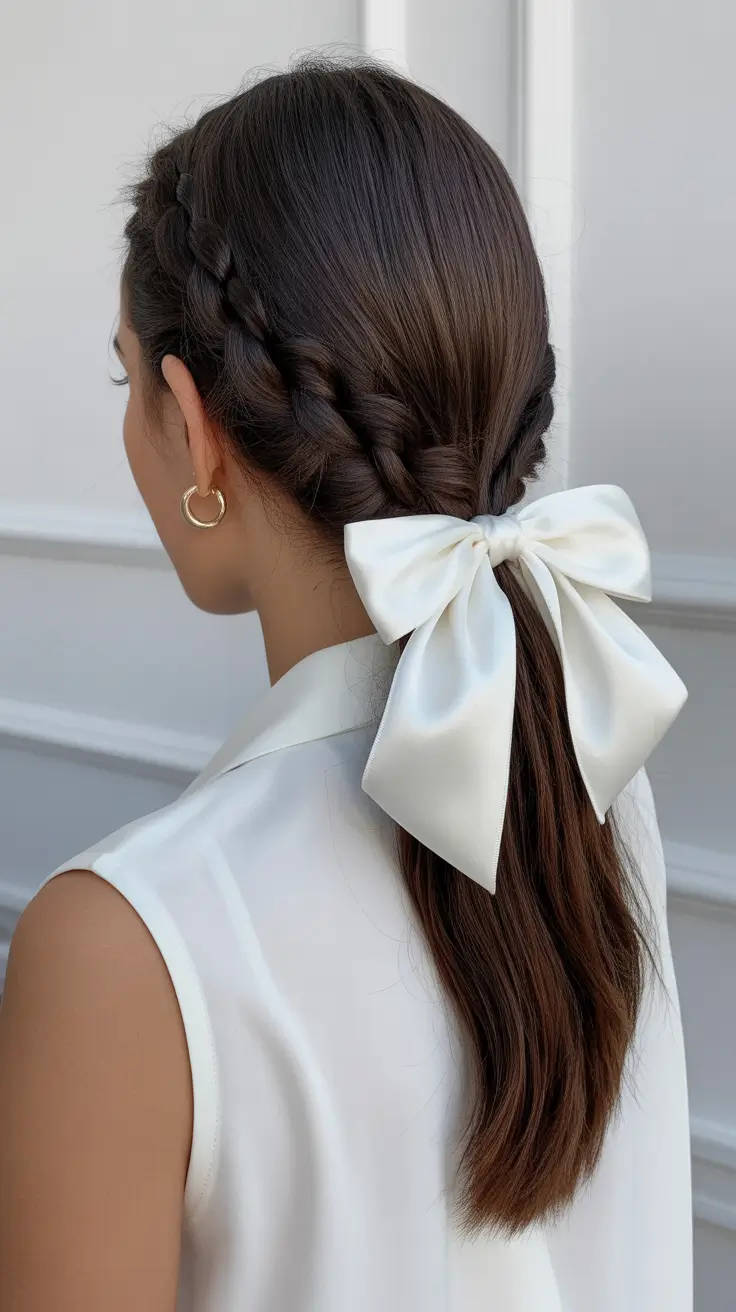 Best ponytail hairstyles 2026 Classic Braided Pony With Oversized Bow