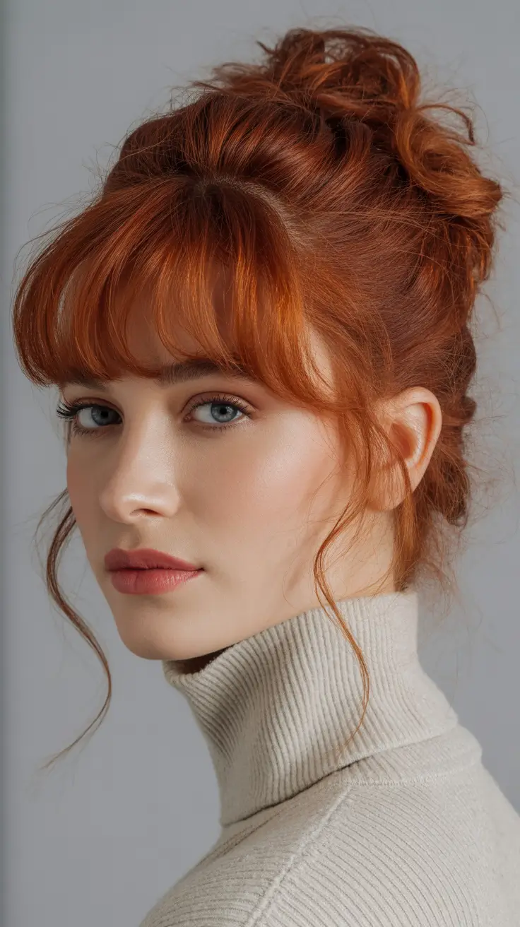 Best quick hairstyles 2026 Soft Ginger Updo With Face-Framing Bangs