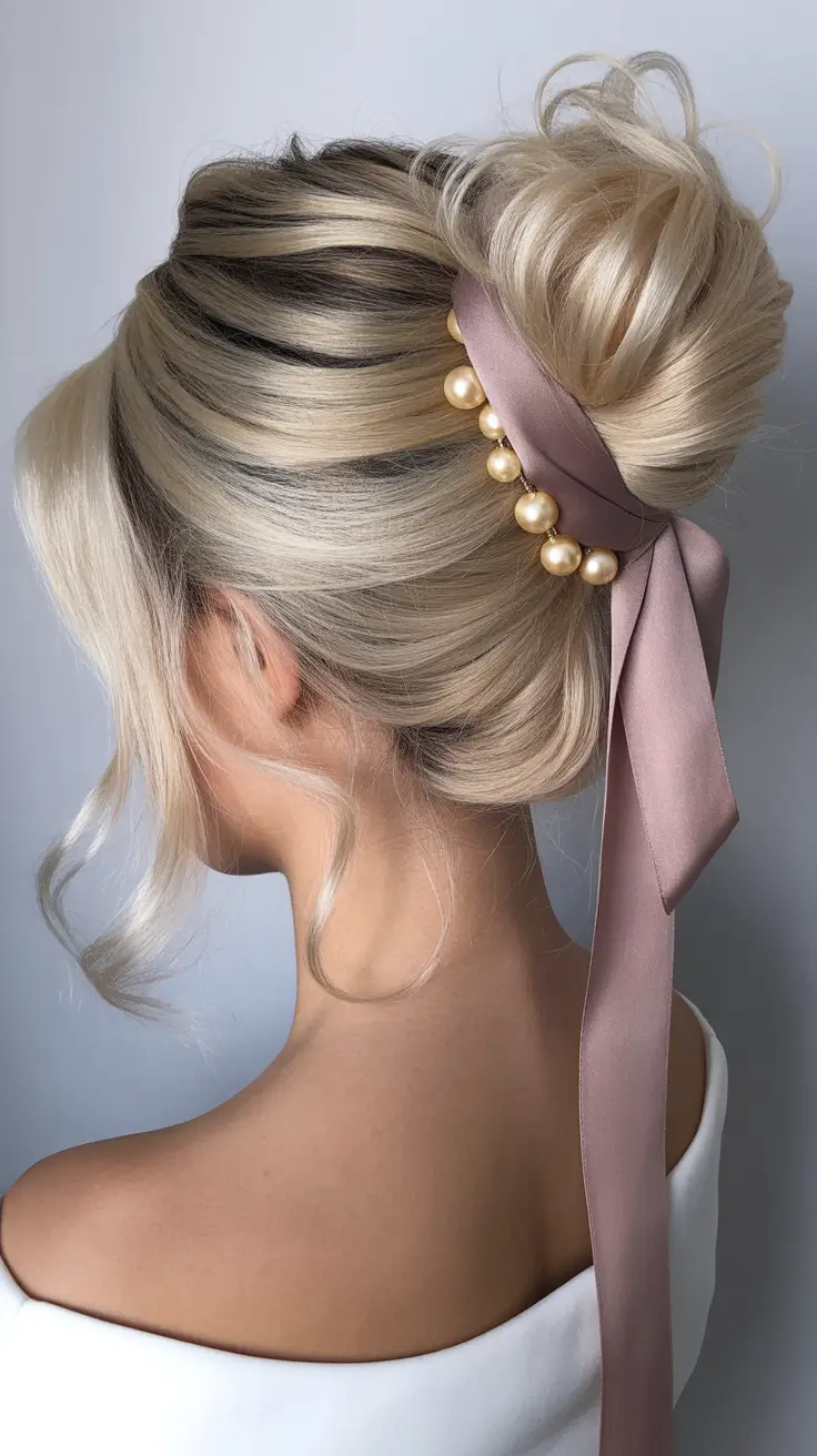 Best quick hairstyles 2026 Pearl-Wrapped Blonde Updo With Ribbon Detail