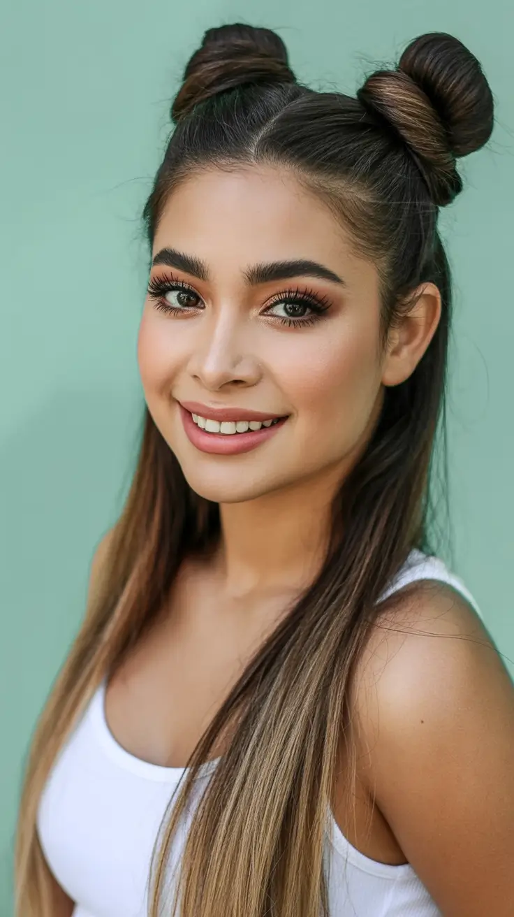 Best quick hairstyles 2026 Playful Half-Up Space Buns With Sleek Length