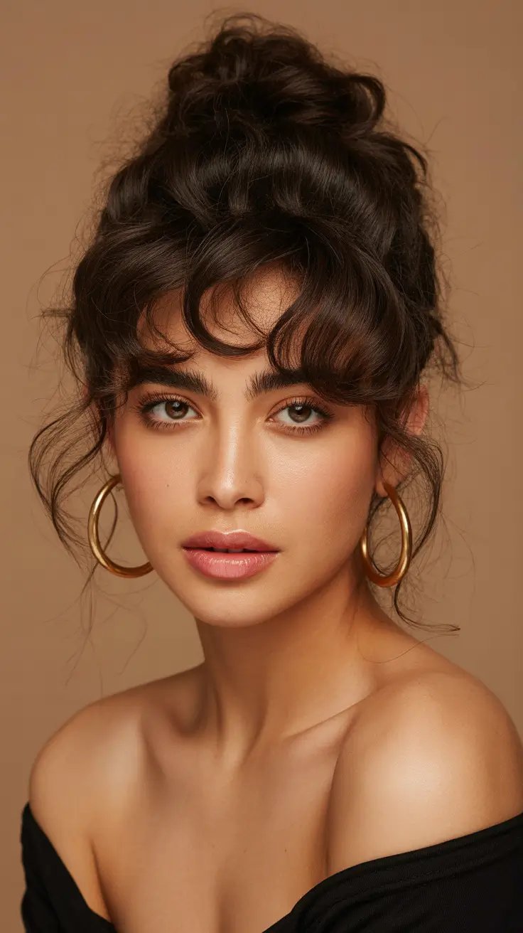 Best quick hairstyles 2026 Messy Curly Updo With Soft Fringe