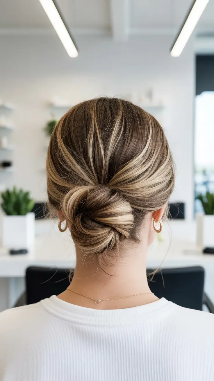 Best quick hairstyles 2026 Twisted Low Bun With Highlighted Strands