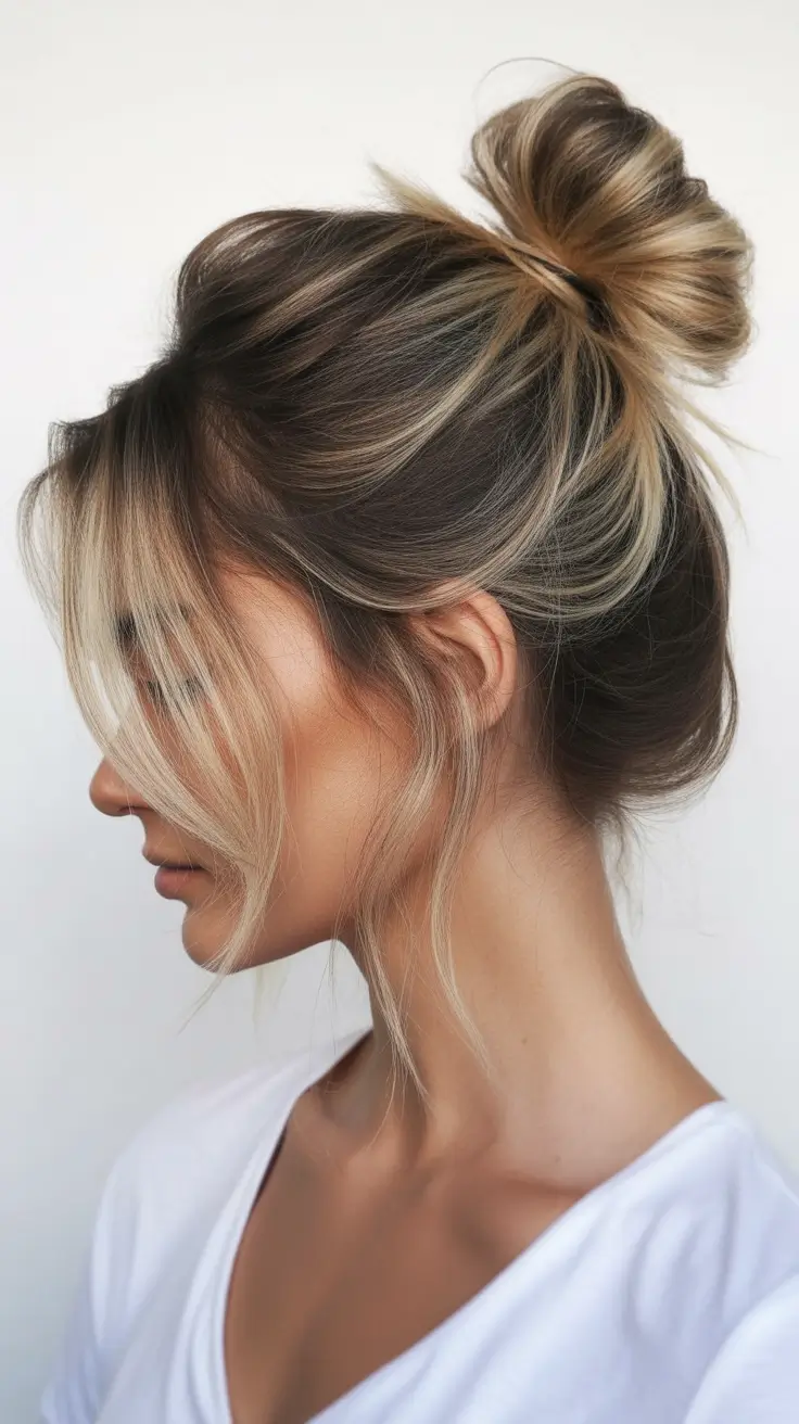 Best quick hairstyles 2026 Messy Textured Bun With Bright Highlights