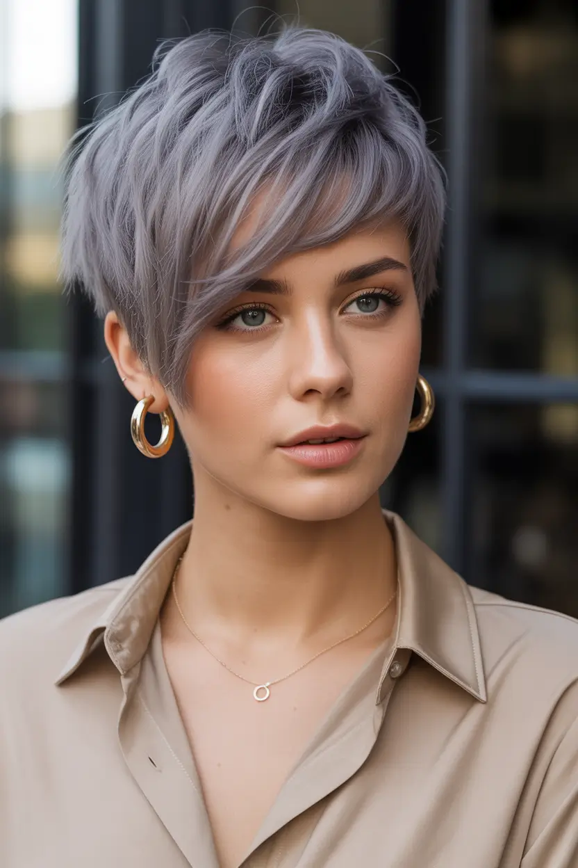 Best shag hairstyles 2026 Chic Silver Pixie Shag With Side Swept Layers