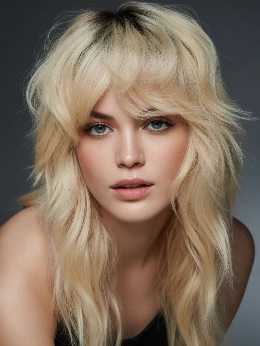 Best shag hairstyles 2026 Voluminous Blonde Shag With Curtain Movement