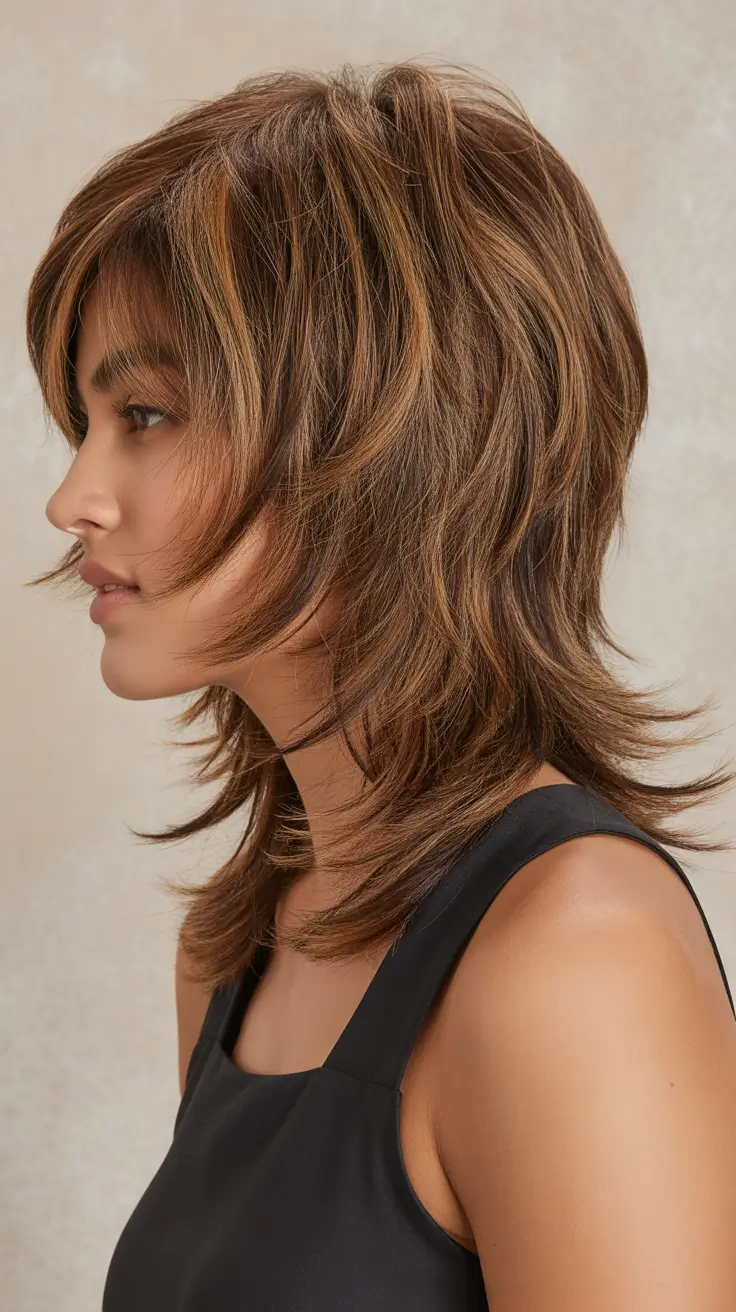 Best shag hairstyles 2026 Feathered Caramel Shag With Layered Flow