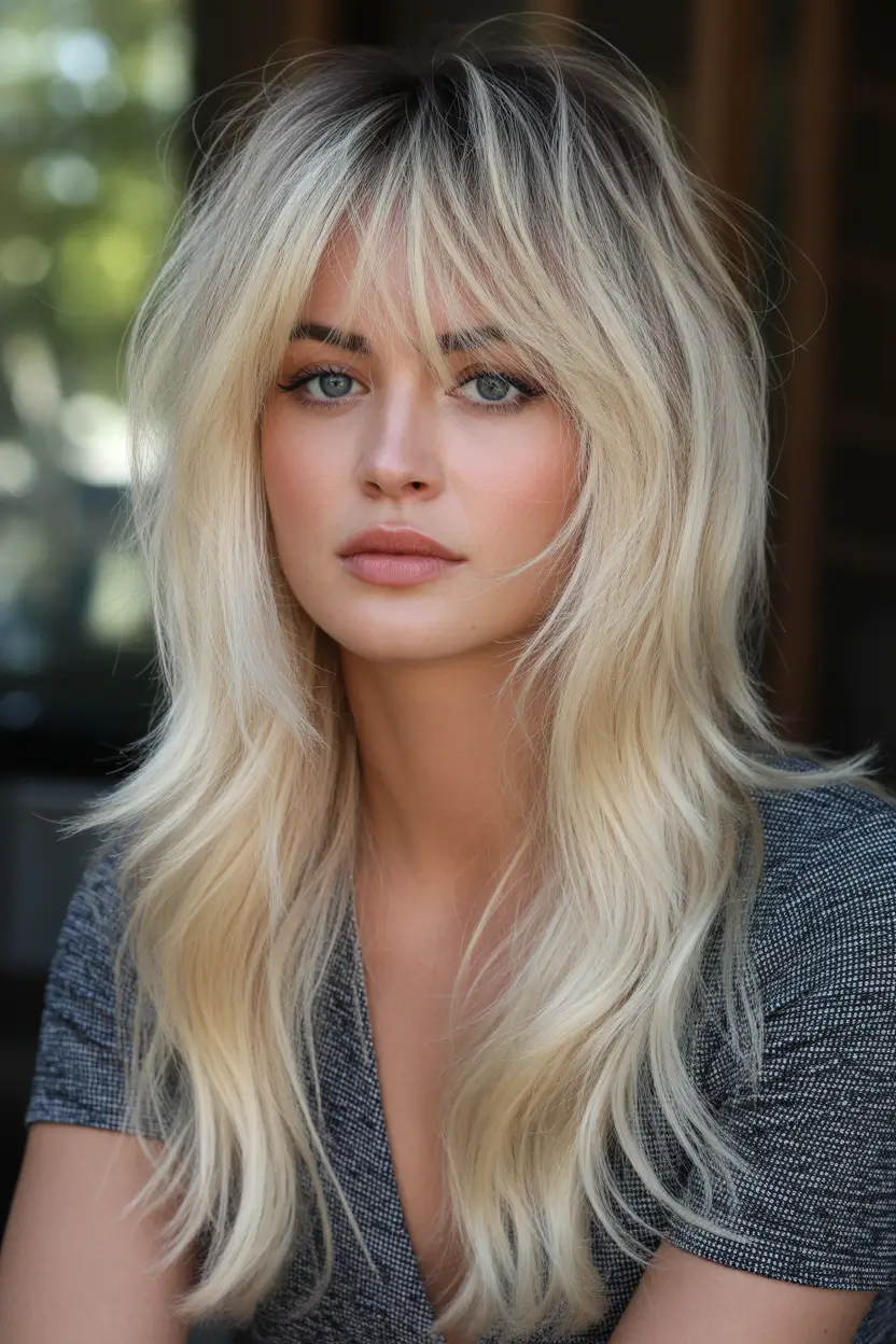 Best shag hairstyles 2026 Long Blonde Shag With Soft Curtain Bangs