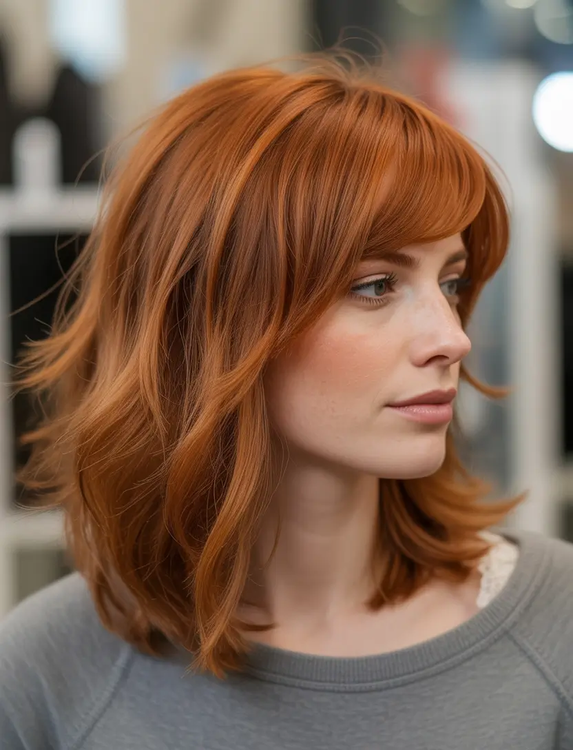 Best shag hairstyles 2026 Soft Copper Mid Length Shag With Rounded Fringe