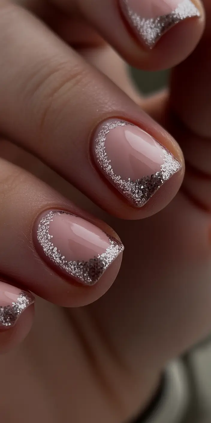 best short nails ideas 2026 Soft Nude French With Micro-Glitter Precision