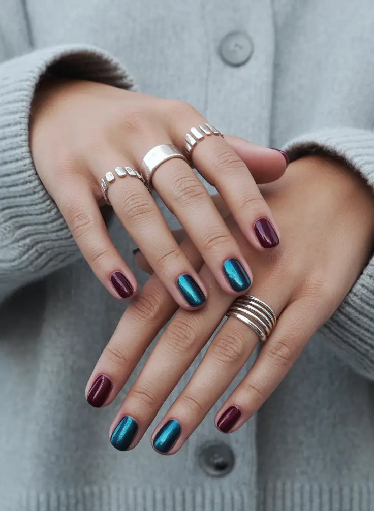 best short nails ideas 2026 Moody Burgundy And Teal Short Nails With Contrast