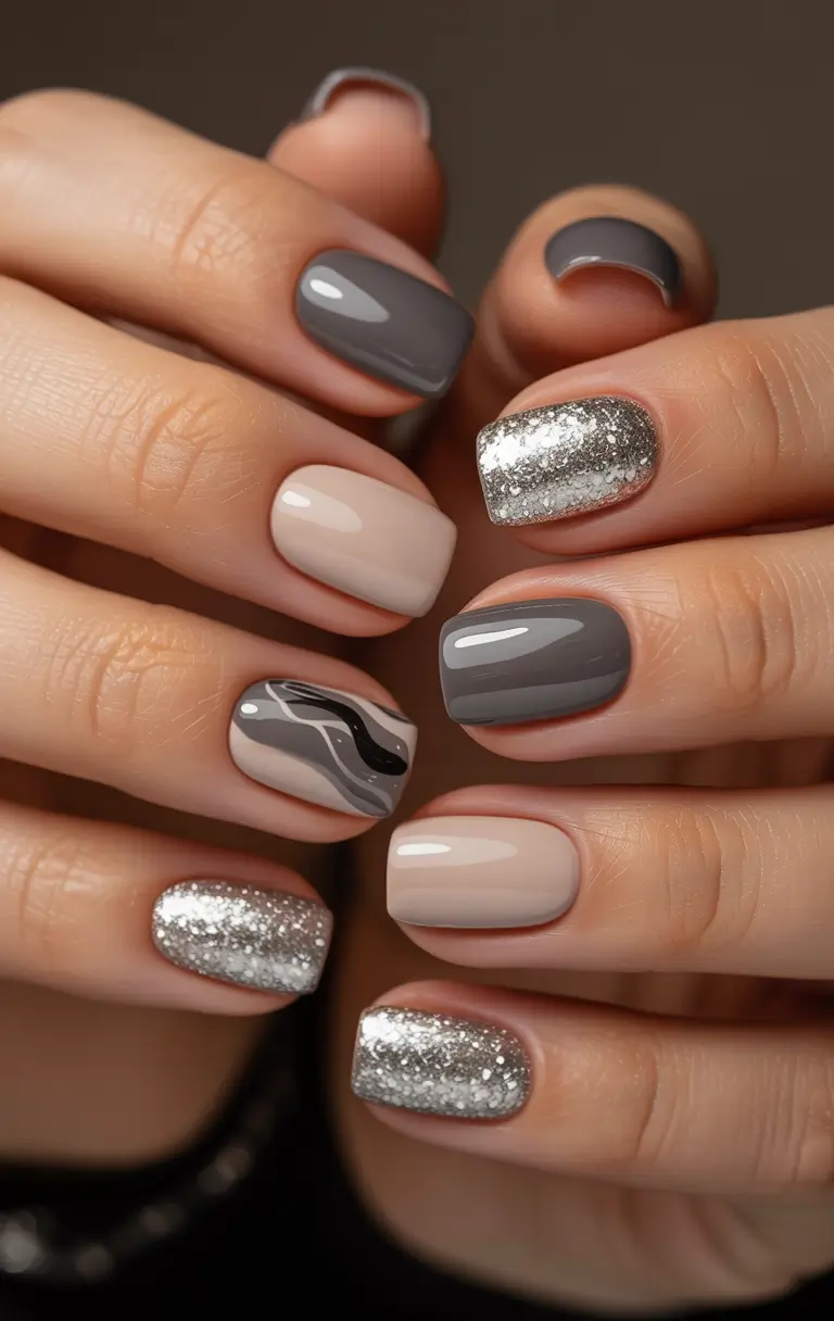 best short nails ideas 2026 Soft Grey And Silver Mix With Texture