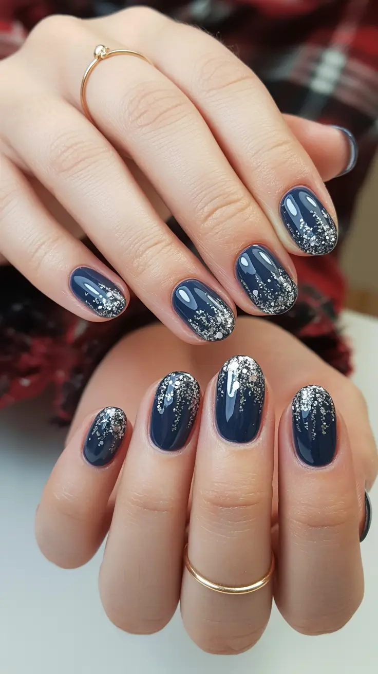 best short nails ideas 2026 Midnight Blue Nails With Silver Glitter Fade