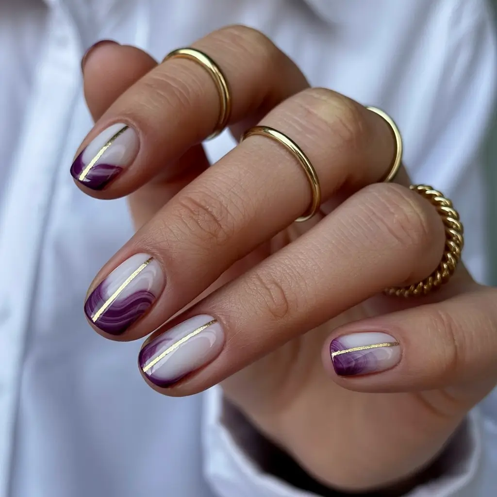 best short nails ideas 2026 Purple Waves With Gold Line Accents