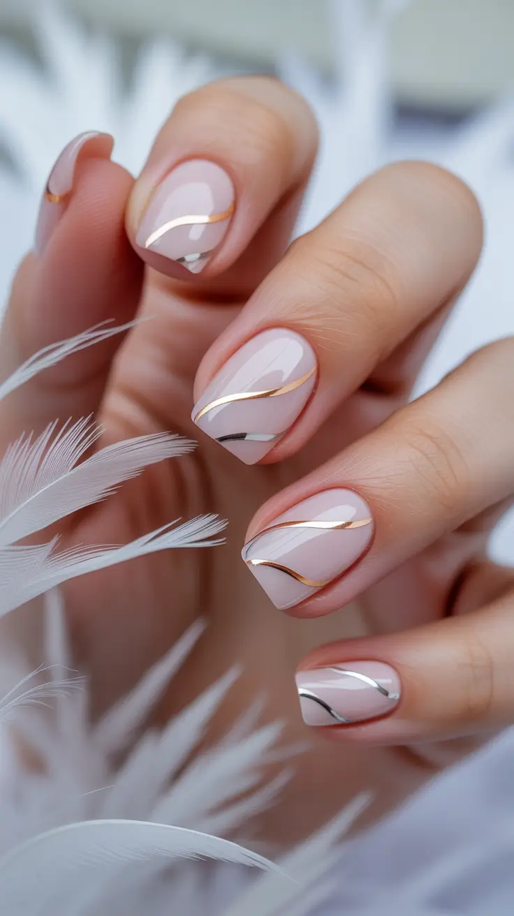 best short nails ideas 2026 Sheer Nude Nails With Floating Gold Lines