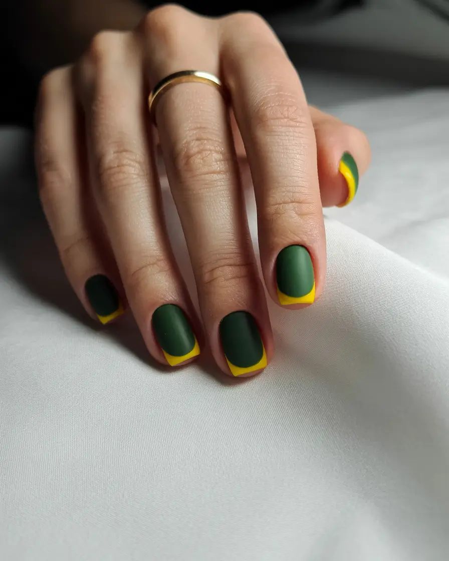 best short nails ideas 2026 Dark Green Nails With Yellow French Edge