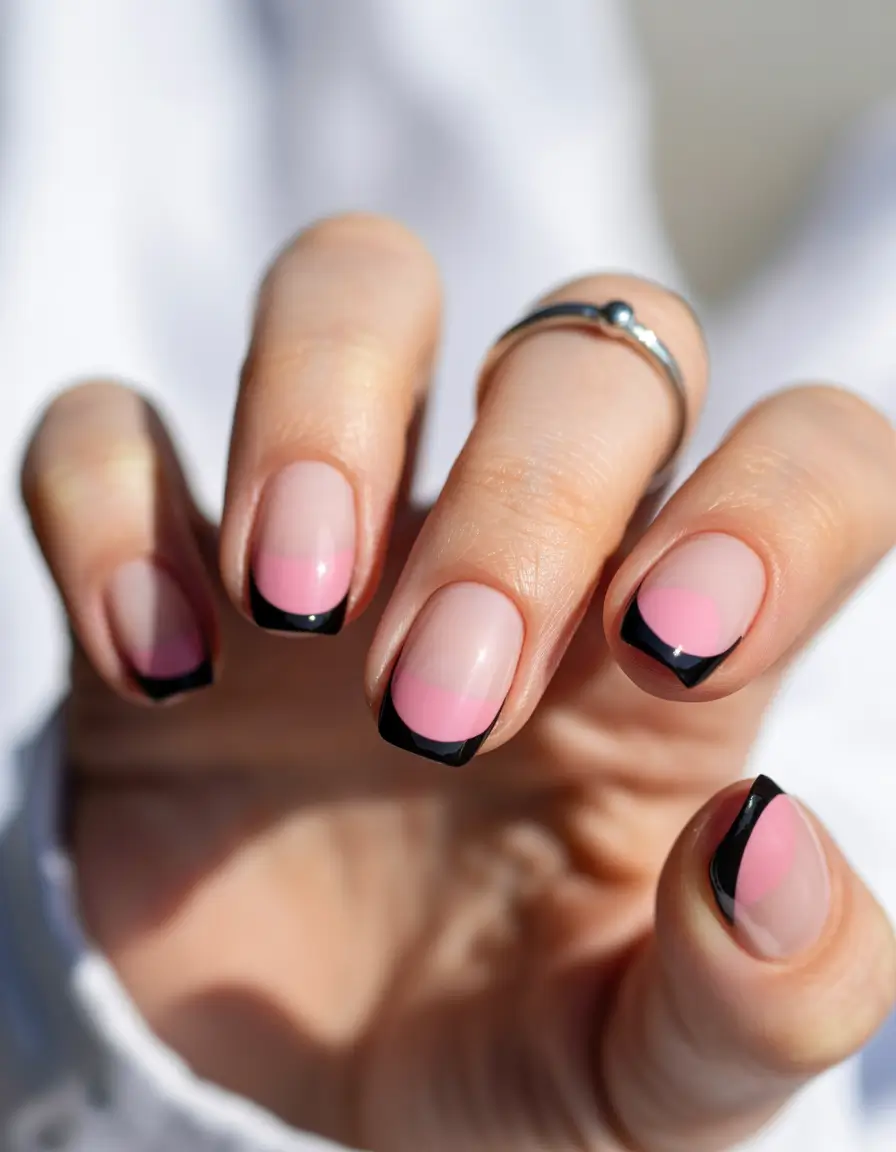 best short nails ideas 2026 Pink Gradient French With Black Tips