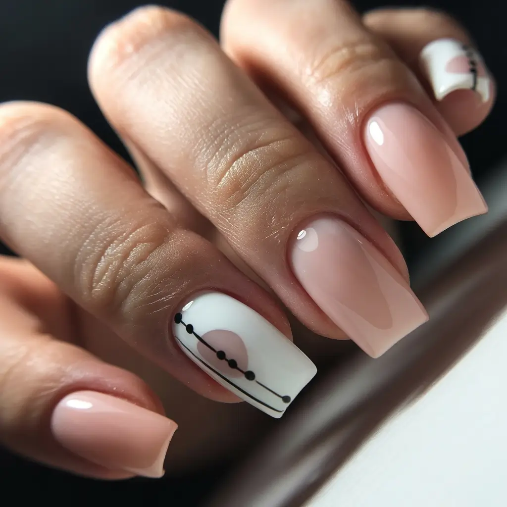 best short nails ideas 2026 Soft Nude Square Nails With Minimal Graphic Accent