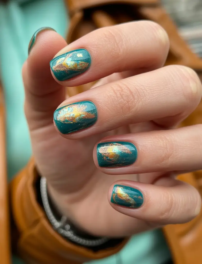 best short nails ideas 2026 Teal Nails With Gold Foil Art Details