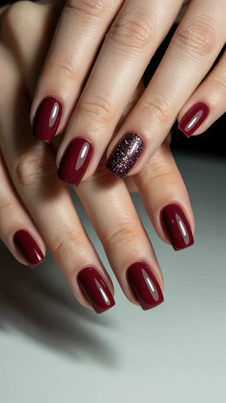 best short nails ideas 2026 Classic Burgundy Short Nails With Glitter Accent