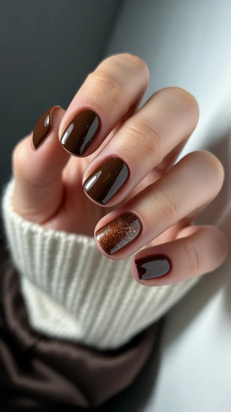 best short nails ideas 2026 Chocolate Brown Nails With Subtle Sparkle Accent