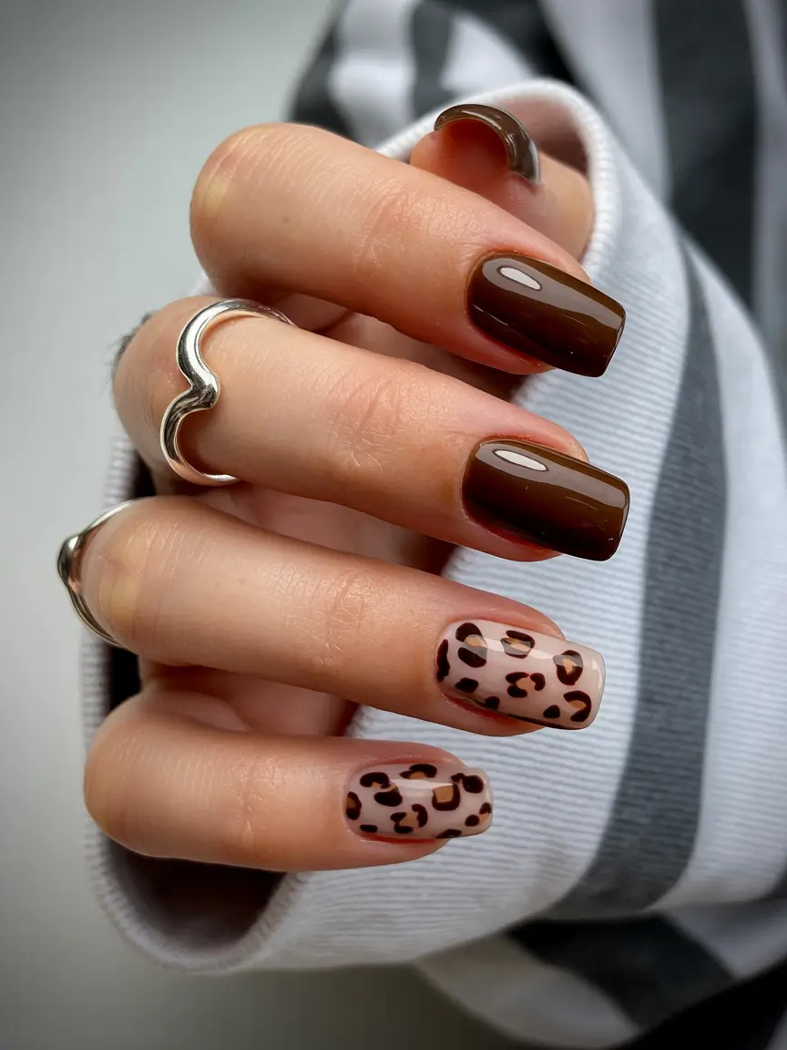 best short nails ideas 2026 Leopard Print Accent With Glossy Brown Base