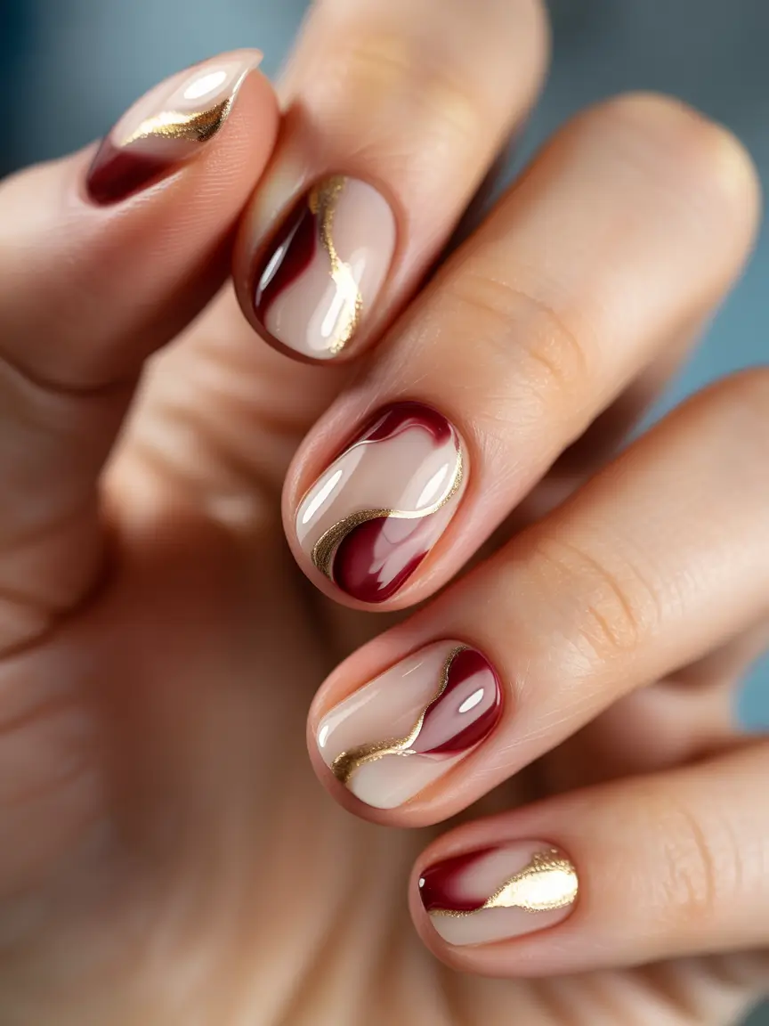 best short nails ideas 2026 Burgundy Waves With Gold Accents