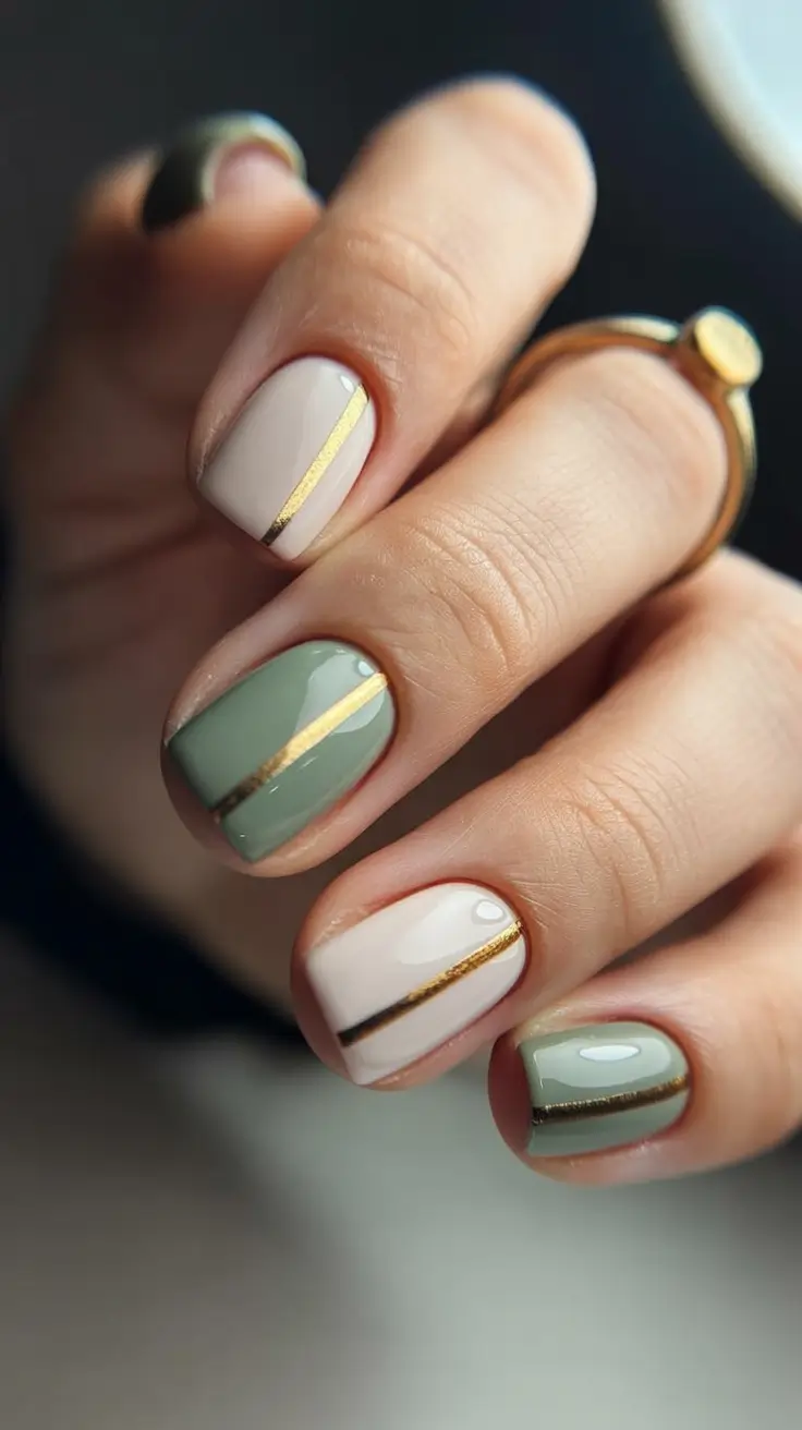 best short nails ideas 2026 Muted Green And Cream With Gold Lines