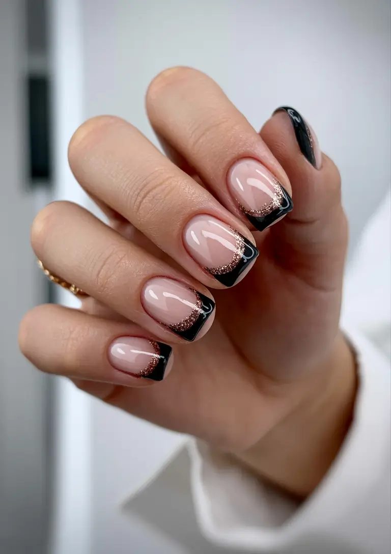 best short nails ideas 2026 Black French Tips With Rose-Gold Detail