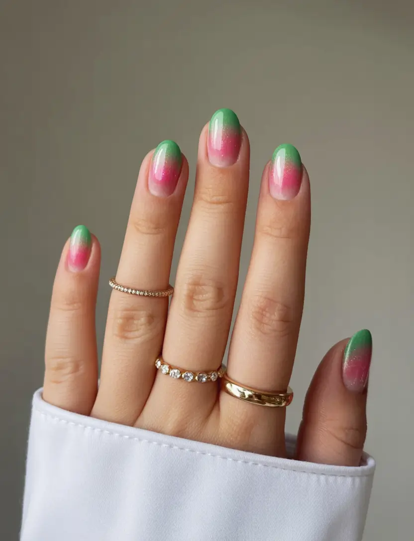 best short nails ideas 2026 Soft Gradient Pink And Green Short Nails