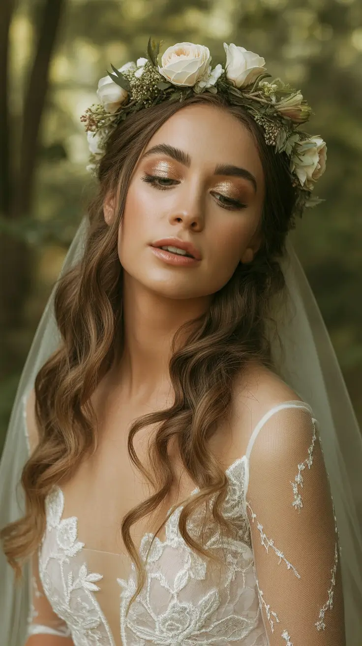 Best wedding hairstyles 2026 Romantic Waves With Fresh Flower Crown