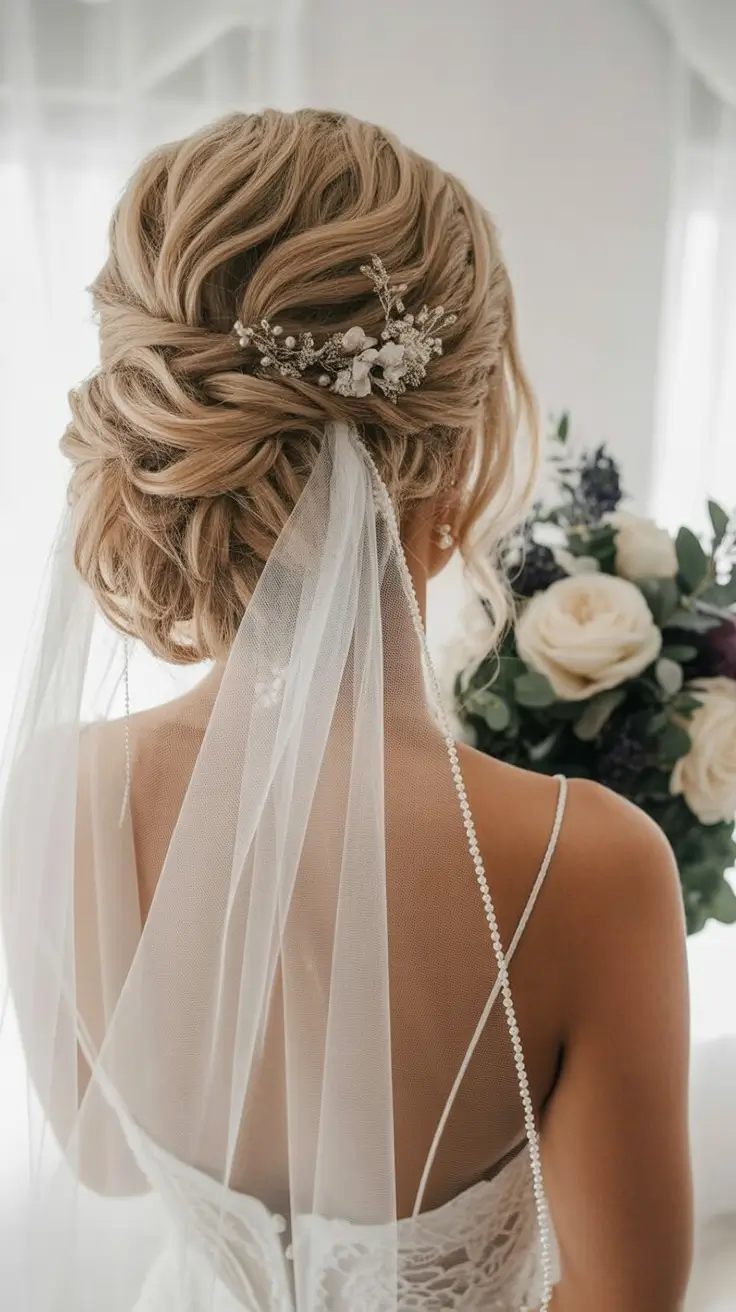 Best wedding hairstyles 2026 Whimsical Textured Bun With Floating Veil Detail