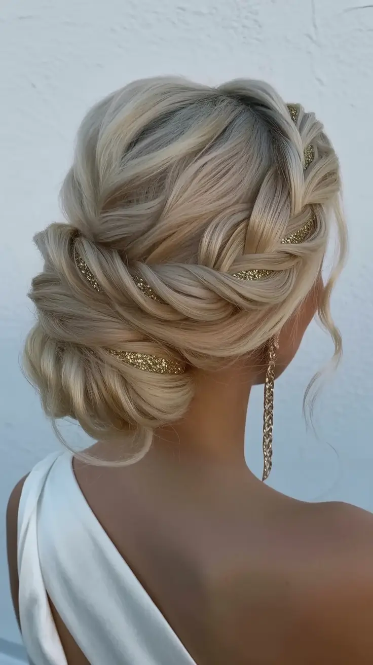 Best wedding hairstyles 2026 Golden Braided Upstyle With Metallic Ribbons