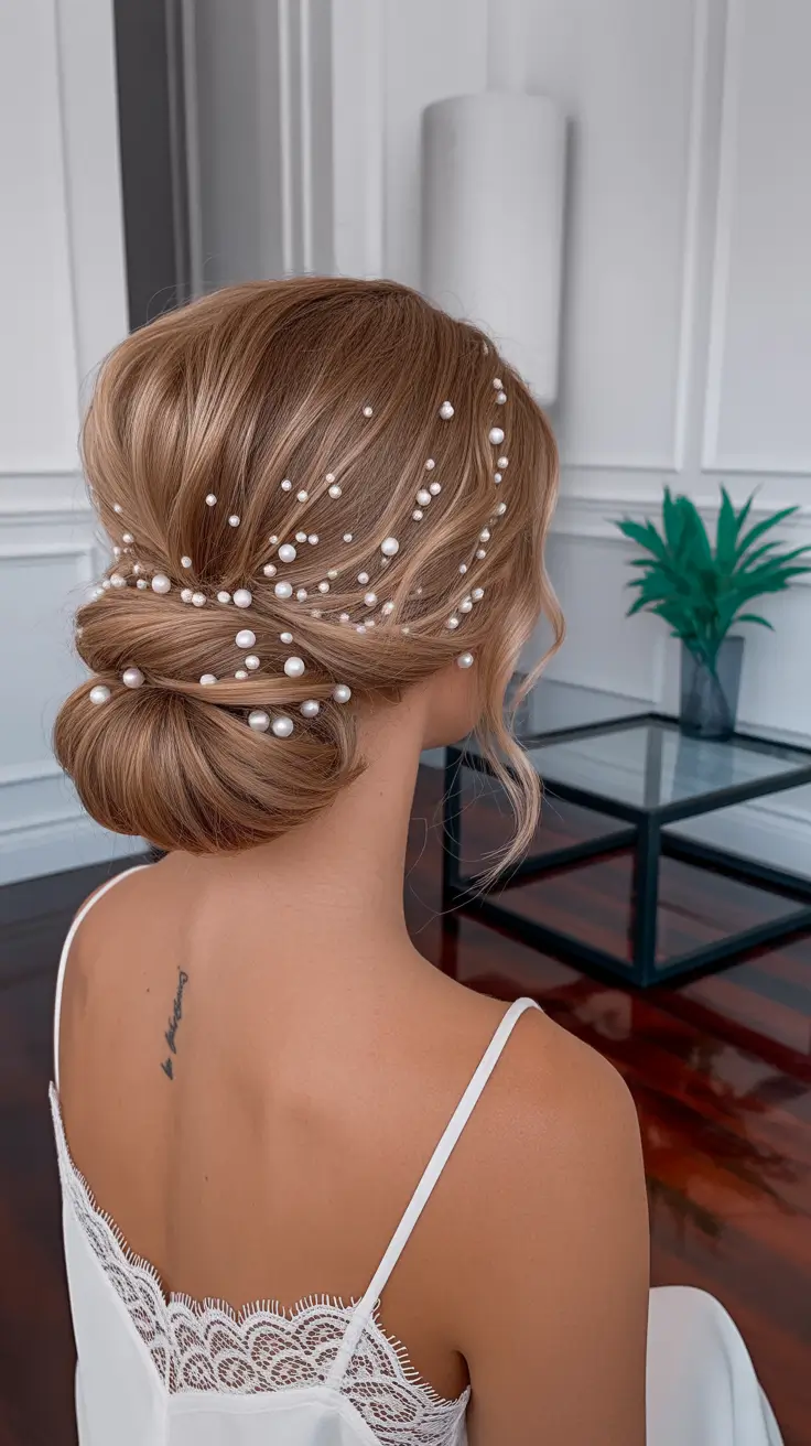 Best wedding hairstyles 2026 Pearl-Studded Modern Bridal Low Knot