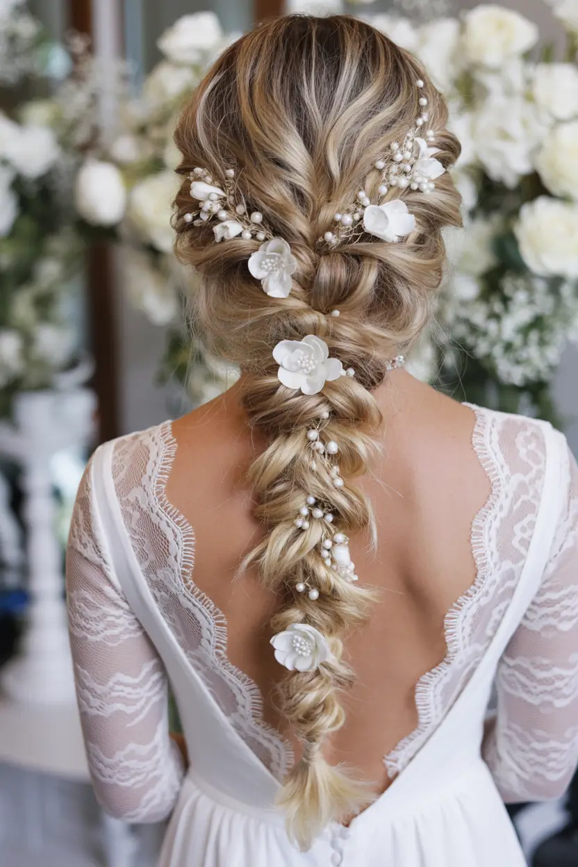 Best wedding hairstyles 2026 Boho Fishtail Braid With Floral Embellishments