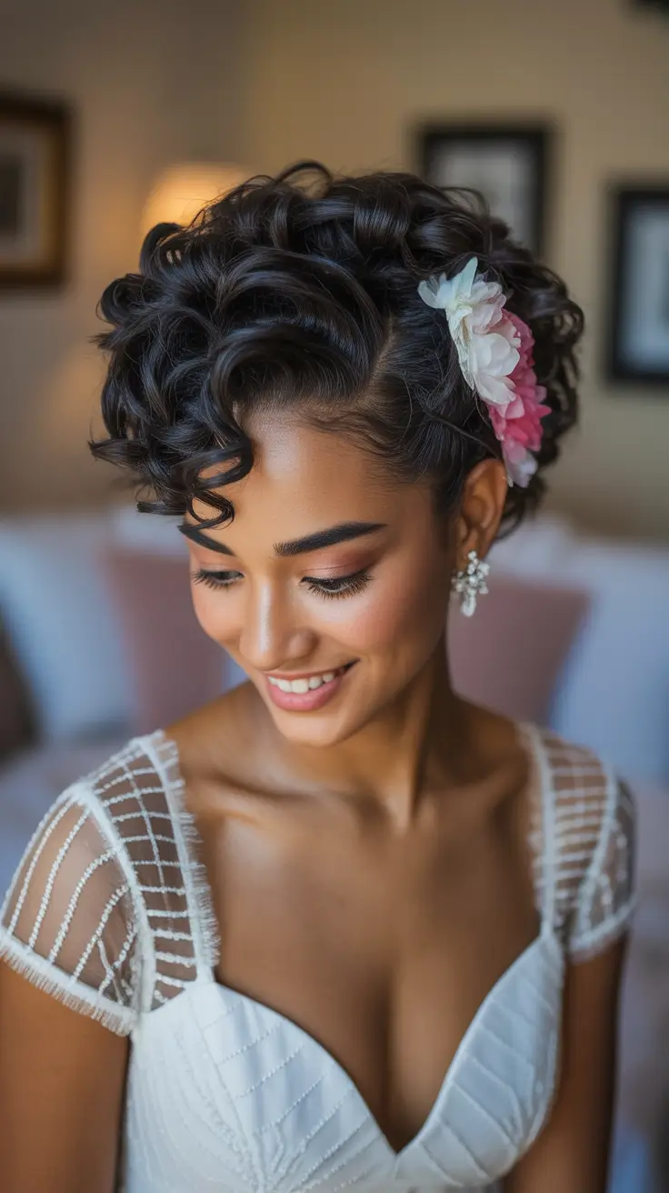 Best wedding hairstyles 2026 Soft Curly Pixie With Blossoms