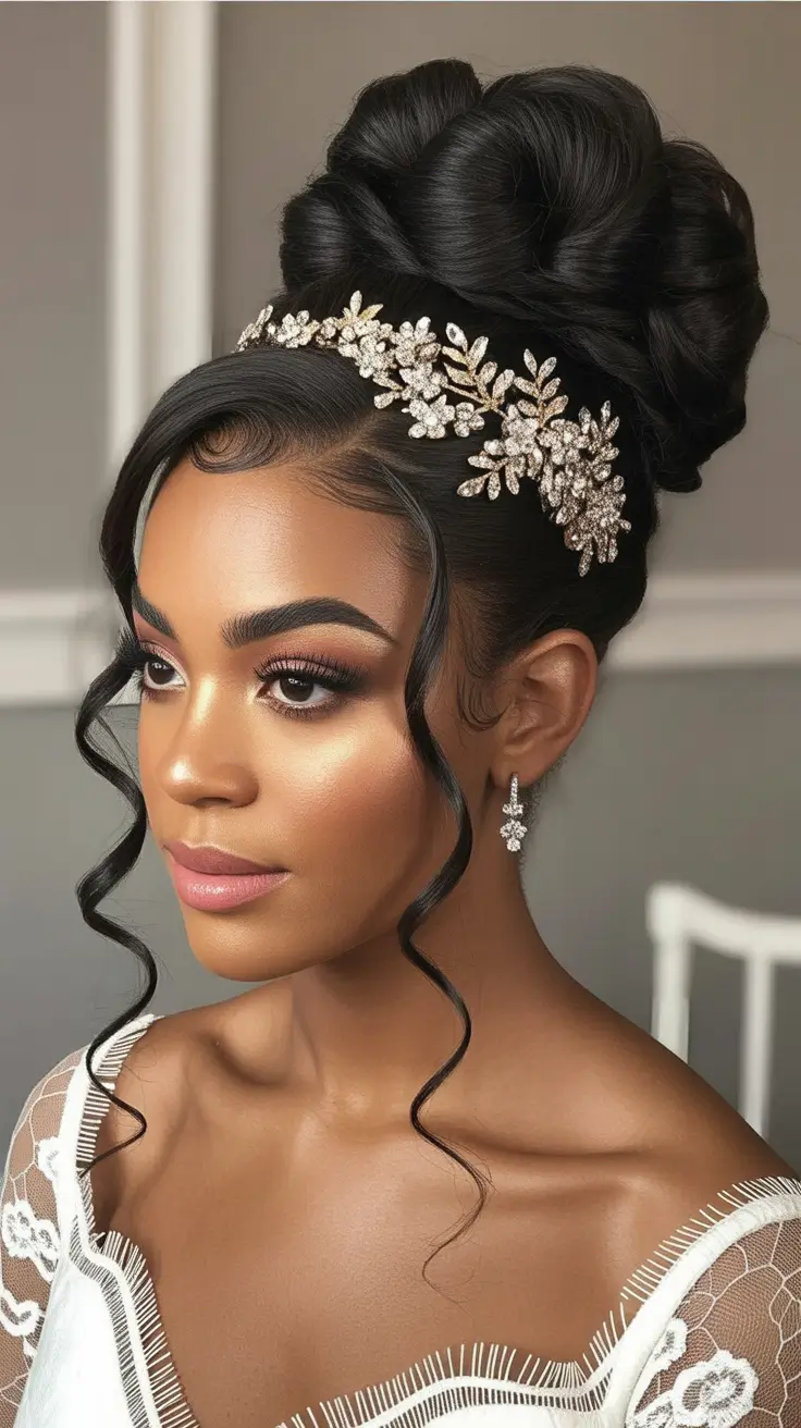 Best wedding hairstyles 2026 Regal Structured Updo With Jewel Headpiece