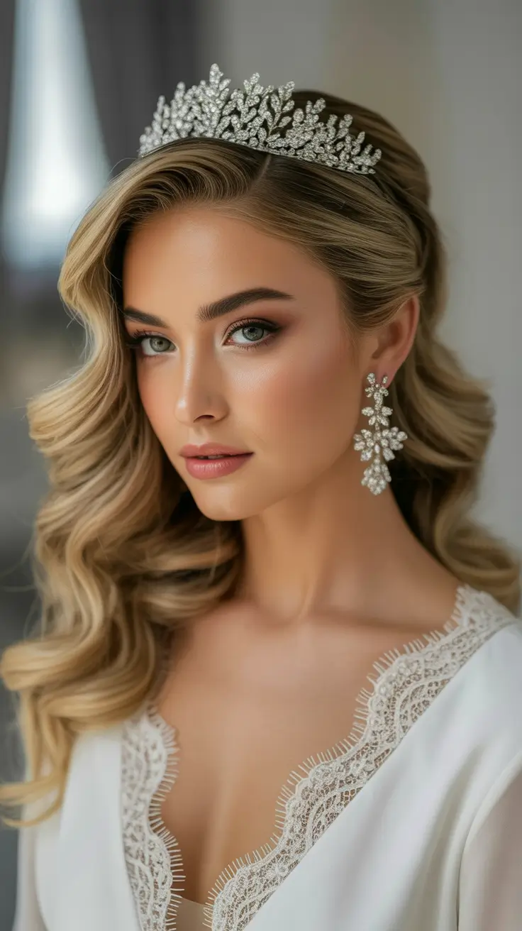 Best wedding hairstyles 2026 Royal Cascading Waves With Crystal Tiara