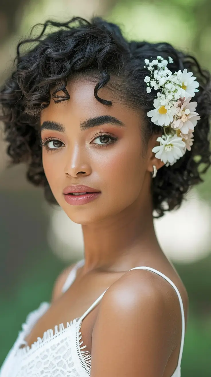 Best wedding hairstyles 2026 Soft Floral Side Curls For Short Romantic Cuts