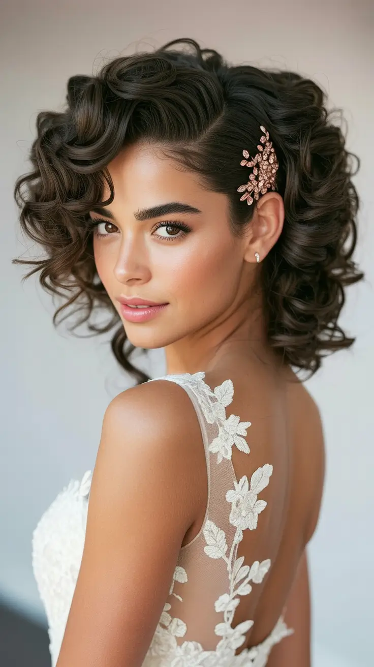 Best wedding hairstyles 2026 Modern Curly Bob With Golden Accent Clip