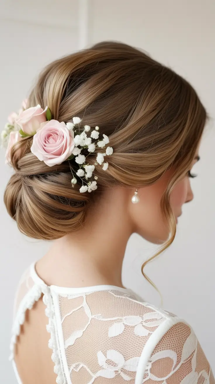 Best wedding hairstyles 2026 Classic Low Rose Bun With Fresh Blush Florals