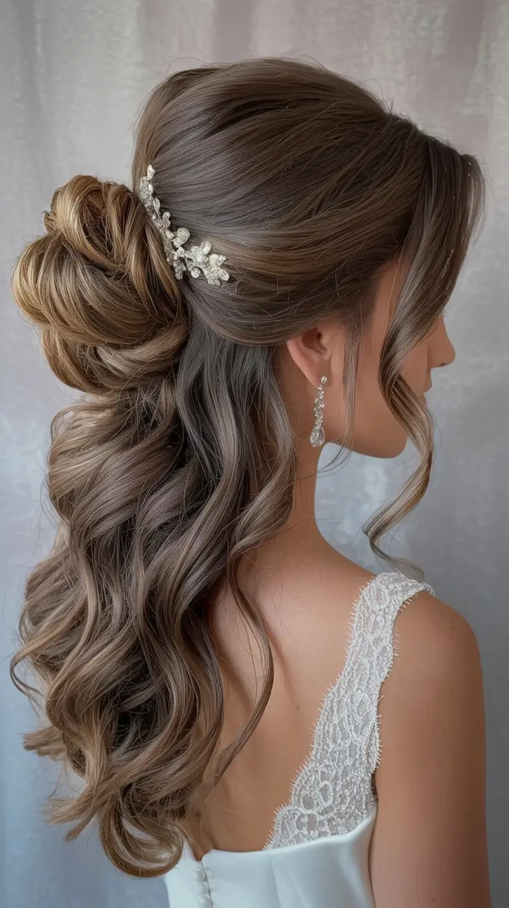 Best wedding hairstyles 2026 Half-Up Voluminous Curls With Twisted Crown