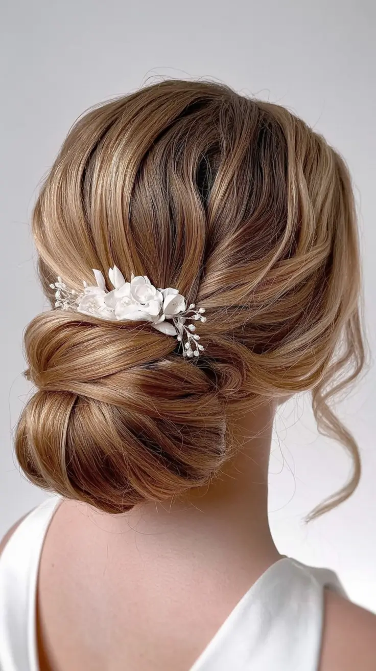 Best wedding hairstyles 2026 Elegant Soft-Twist Bun With Porcelain Floral Accent