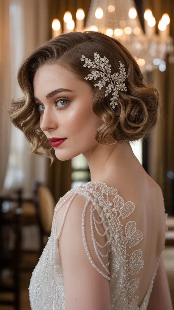 Best wedding hairstyles 2026 Vintage Waves With Modern Crystal Detail