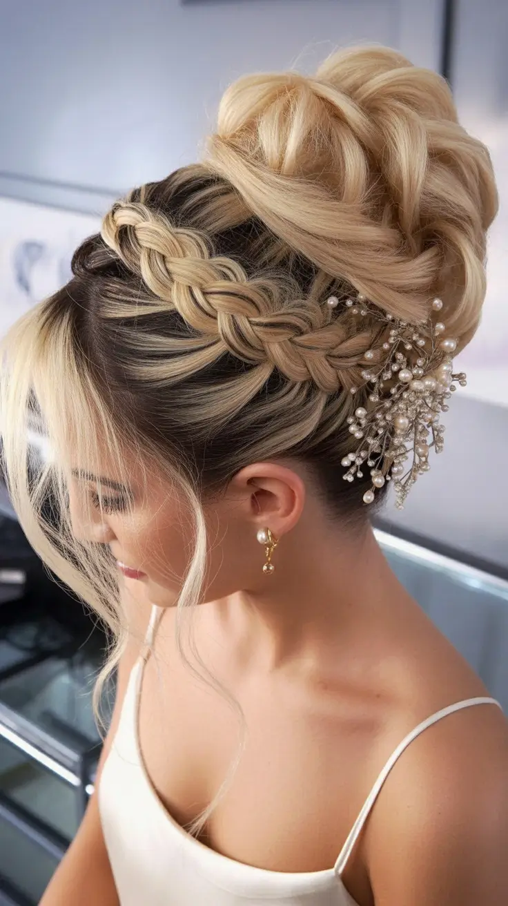 Best wedding hairstyles 2026 Braided Crown With Sculpted Bridal Height
