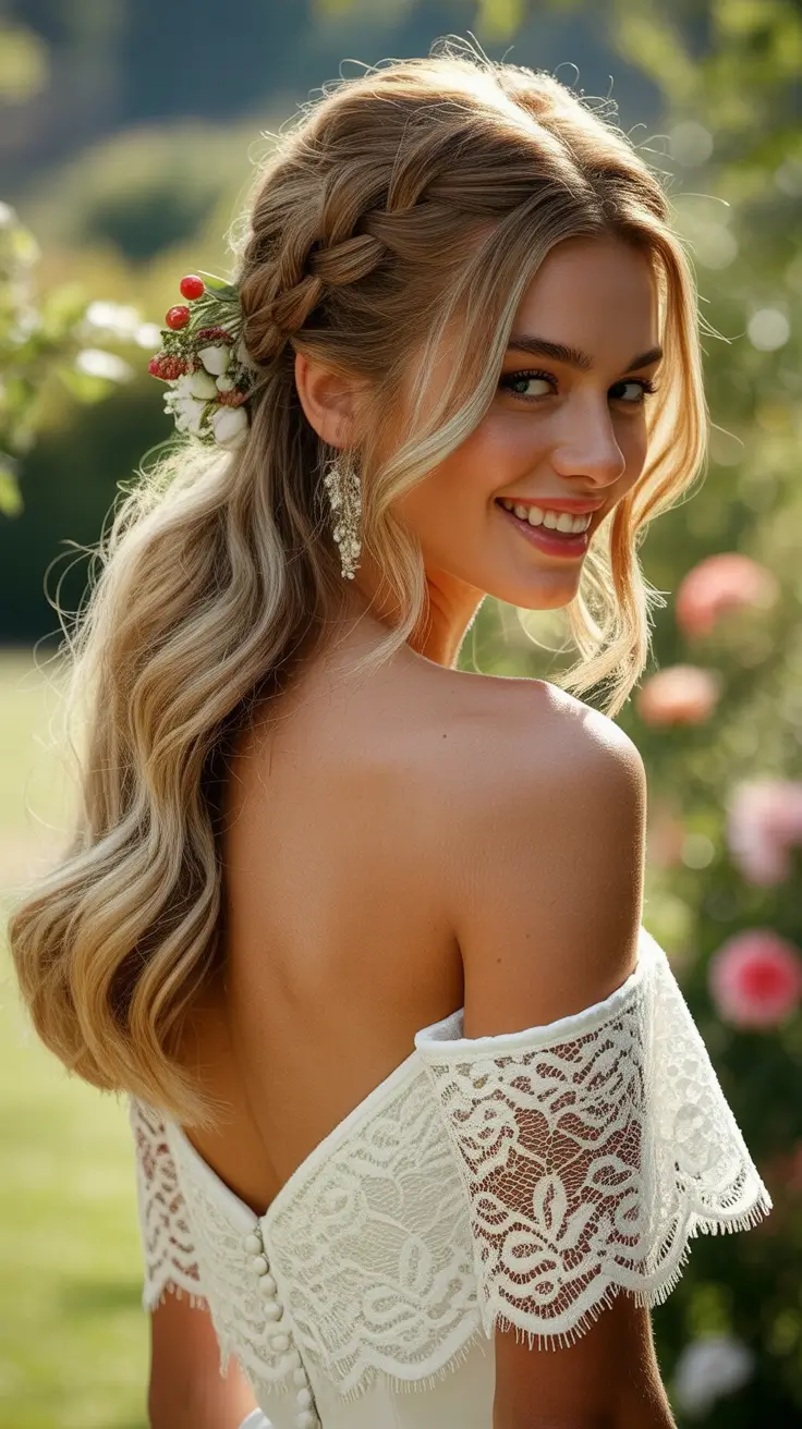Best wedding hairstyles 2026 Loose Waves With Soft Braided Top Detail