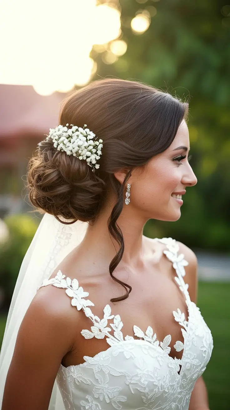 Best wedding hairstyles 2026 Classic Bridal Bun With Modern Floral Touch