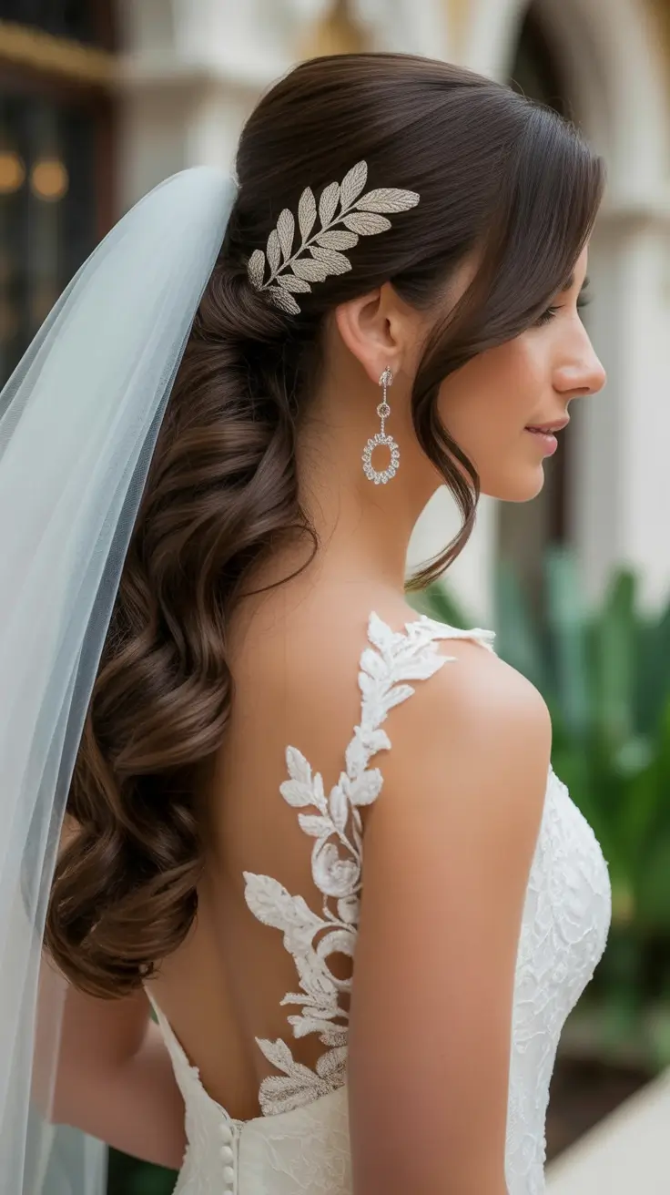 Best wedding hairstyles 2026 Low Curled Ponytail With Leaf Accent