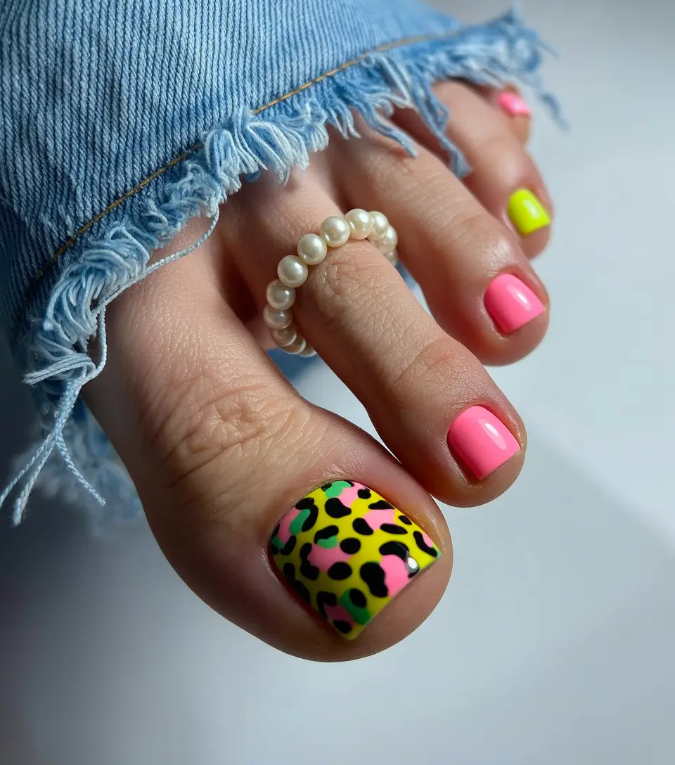 Bright toe nail colors 2026 Pink Leopard Accent