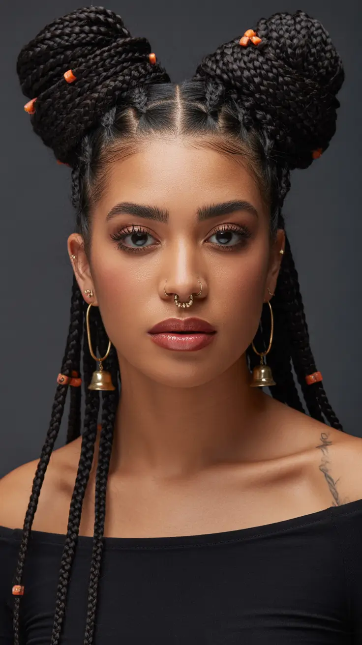 Chic braided hairdos 2026 Playful Twin Braid Buns
